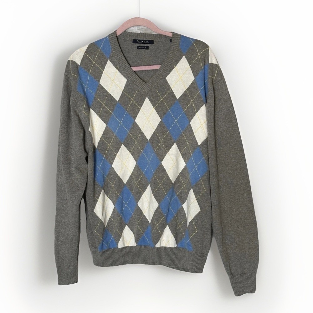 XL Argyle V Neck Cotton Sweater Gray Blue Prep Golf Academia‎ Pullover